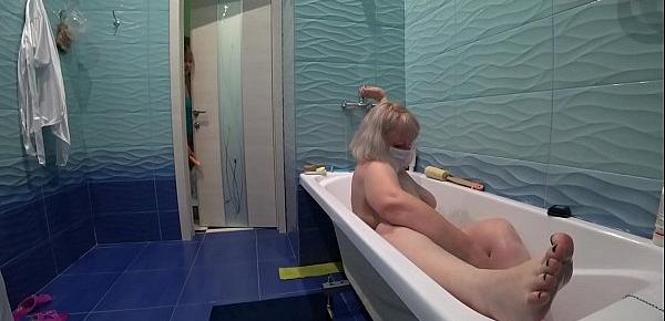  Lesbian washed and fucked a mature bbw in the bathroom. Milf shakes a big soapy booty doggystyle.